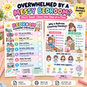 May include: A two-page printable bedroom cleaning checklist set featuring colorful illustrations, numbered steps from one to seven, and educational text explaining the benefits of a tidy room for kids, parents, and teachers.