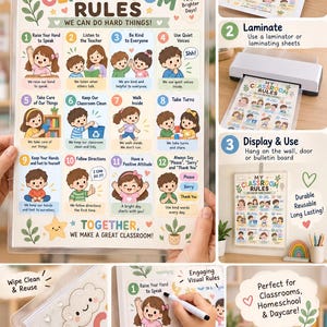 Puede incluir: Un póster plastificado de reglas de clase con doce ilustraciones numeradas de niños demostrando comportamientos positivos. El cartel incluye texto como My Classroom Rules, We Can Do Hard Things y Together, We Make A Great Classroom, con iconos coloridos de nubes, estrellas y plantas.