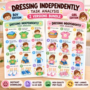 Peut inclure: Deux affiches éducatives intitulées Dressing Independently Task Analysis, comprenant une édition garçon et une édition fille. Chaque affiche présente douze étapes numérotées avec des illustrations montrant des enfants s'habillant, mettant des chemises, pantalons, chaussettes et chaussures.