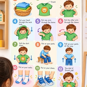 May include: An educational poster titled Dressing Independently Task Analysis featuring twelve numbered steps with illustrations showing a child putting on a green lion t-shirt, blue pants, socks, and blue shoes with clear instructional text for each.