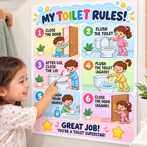 Puede incluir: Un póster de pared rectangular titulado MY TOILET RULES! que presenta seis pasos numerados con coloridas ilustraciones de dibujos animados de niños demostrando reglas de baño, como cerrar la puerta, tirar de la cadena y lavarse las manos, terminando con GREAT JOB!