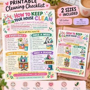 May include: A printable cleaning checklist titled How to Keep Your House Clean, featuring sections for everyday, weekly, monthly, and seasonal tasks. It includes US Letter 8.5 x 11 inches and A5 148 x 210 mm size options with colorful illustrations of household items.
