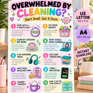 May include: A white informational poster titled Overwhelmed by Cleaning? Start Small. Get It Done. It features ten numbered steps with colorful illustrations including a timer, basket, dishes, laptop, headphones, storage bin, and a mug.
