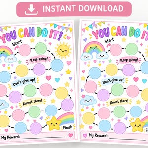 May include: A printable reward chart featuring the text YOU CAN DO IT! with a colorful path of circles, a rainbow, sun, and stars. The chart includes motivational phrases like Keep going!, Don't give up!, and Almost there!, with a space for My Reward.