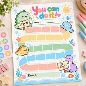 May include: A reward chart featuring a winding path of colorful rectangular spaces, illustrated with cartoon dinosaurs, a sun, and sea life. The text reads You can do it!, Start!, You did it!, Name:, and Reward: in a playful font.