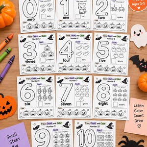 May include: Eleven printable Halloween-themed educational worksheets for children, featuring numbers 0 through 10. Each page includes a large number to trace, a counting section with themed icons like bats, cats, and pumpkins, and a row of pumpkins to color.