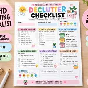May include: A printable ADHD cleaning checklist with a colourful, illustrated layout. The document features sections for setting intentions, choosing areas, a 3-pile sorting method, a quick decision guide, and organising steps with checkboxes.