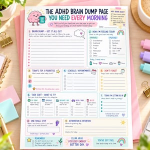 Può includere: Una pagina di pianificazione stampata per il cervello ADHD con sezioni per priorità giornaliere, programma, smistamento attività e affermazioni. Il layout colorato include suggerimenti per controlli mentali e fisici e obiettivi.