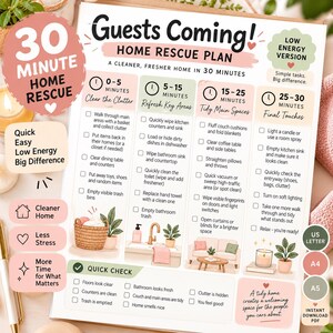 May include: A printed checklist titled Guests Coming! Home Rescue Plan, featuring a 30-minute cleaning schedule divided into four time blocks. The document includes checkboxes, illustrations of a basket, sink, sofa, and candle, and text prompts.