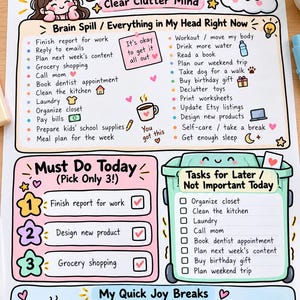 May include: A colorful Brain Dump planner sheet with sections for tasks, including a Must Do Today list with three checked items, a Tasks for Later box, and a My Quick Joy Breaks section. The page features cartoon illustrations and text.