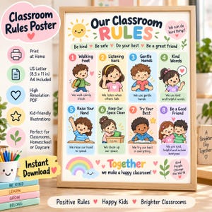Puede incluir: Un póster enmarcado de reglas de clase con ocho ilustraciones numeradas de niños y texto que incluye Our Classroom Rules, Be kind, Be safe, Do your best, Be a great friend, Walking Feet, Listening Ears, Gentle Hands, Kind Words, Raise Your Hand, Keep Our Space Clean, Try Your Best y Be a Good Friend.