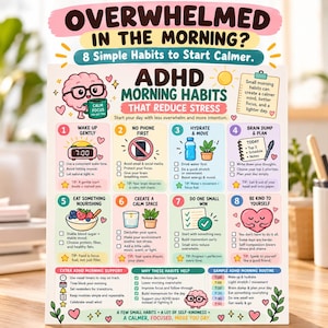 May include: A rectangular educational poster titled ADHD Morning Habits That Reduce Stress, featuring eight numbered steps with illustrations and text. The design includes a cartoon brain character, checklists, and a sample routine for a calmer morning.