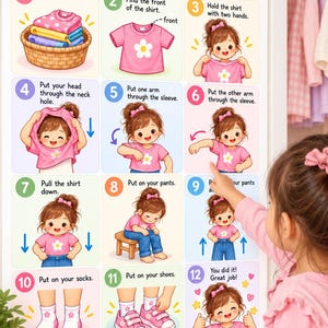 Peut inclure: Une affiche éducative rectangulaire intitulée Dressing Independently Task Analysis présentant douze étapes numérotées avec des illustrations d'un enfant en chemise rose montrant comment s'habiller, y compris des chaussettes, un pantalon et des chaussures.