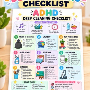 May include: A colorful ADHD deep cleaning checklist printed on white paper. The document features nine numbered sections with icons and checkboxes for household chores, plus a bonus tasks area and motivation tips at the bottom.