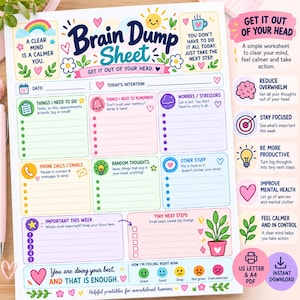 Puede incluir: Una hoja de descarga mental blanca con encabezados coloridos y secciones para tareas, recordatorios, preocupaciones y metas. El texto incluye Brain Dump Sheet, Things I Need To Do, Worries/Stressors y Tiny Next Steps, decorado con iconos de corazones, flores y un sol.