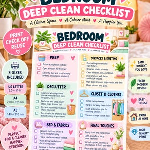 May include: A bedroom deep clean checklist document featuring sections for prep, declutter, surfaces, dusting, closet, clothes, bed, fabrics, and final touches. The page includes checkboxes, illustrations of household items, and text specifying A4 210 x 297 mm size.