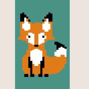 Puede incluir: Ilustración pixelada de un zorro. El zorro es principalmente naranja con detalles blancos en el pecho y la cara. El zorro tiene orejas y patas negras, y una cola con punta blanca. El fondo es de color verde azulado, y el estilo recuerda a los gráficos de videojuegos retro.