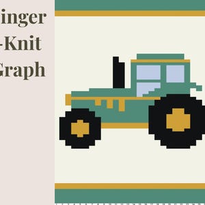 Könnte beinhalten: Ein pixeliges Traktormotiv in Türkis, Schwarz und Gold auf cremefarbenem Hintergrund. Der Text "Finger -Knit Graph" ist in Dunkelbraun gehalten. Der Traktor hat große schwarze Räder und eine detaillierte Kabine.