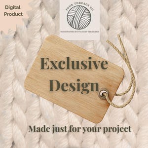 May include: A wooden tag with the words "Exclusive Design" is attached to a knitted fabric. The tag is tied with a natural-colored string. The words "Made just for your project" are at the bottom. The top left corner says "Digital Product".