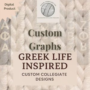 May include: Digital product image with text: "Custom Graphs GREEK LIFE INSPIRED" and "Custom Collegiate Designs." The background is a close-up of a white knitted texture. The Four Threads Co. logo is in the top right corner.