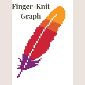 May include: A pixelated feather design in shades of red, orange, and purple, with a white dotted line down the center. The words "Finger-Knit Graph" are at the top, in a dark brown serif font, against a white background.