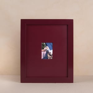 May include: A deep burgundy rectangular picture frame with a wide border and a small, centered rectangular opening. The opening displays a photograph of a calico cat being petted by a person wearing a blue shirt and a red and white striped sleeve.