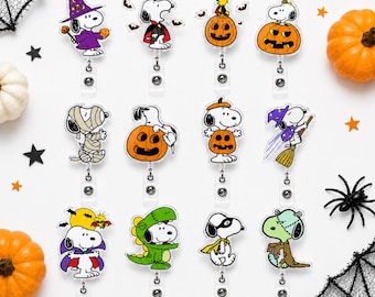 Halloween Puppy Badge Reel, Spooky Cartoon Dog ID Holder, Cute Vampire Beagle Nurse Clip, Pumpkin Retractable Name Tag, Fall Gift