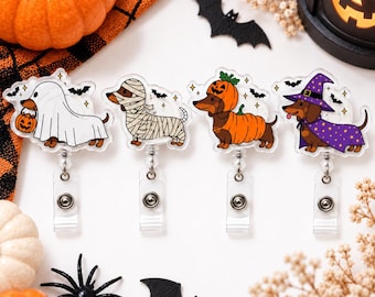Halloween Dachshund Badge Reel, Cute Wiener Dog ID Holder, Spooky Nurse Badge Clip, Pumpkin Dog Retractable Name Tag, Pet Lover Gift