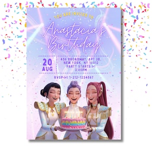 Puede incluir: Una invitación de cumpleaños con tres mujeres animadas sonriendo sosteniendo un pastel con velas encendidas. La invitación incluye el texto "Anastacia's Birthday", fecha, hora e información RSVP, con un fondo de confeti.