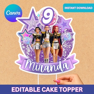 May include: A circular cake topper featuring the number 9 inside a disco ball graphic, three animated characters in black and white outfits, two light sticks, and a purple banner with the name Miranda written in white script lettering.