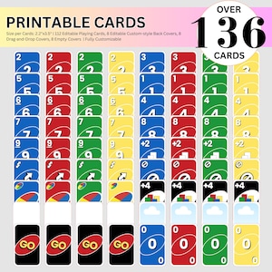 Può includere: Un set di carte da gioco stampabili con vari colori e numeri. Le carte mostrano numeri, simboli e la parola "GO". L'immagine include anche il testo "PRINTABLE CARDS" e "OVER 136 CARDS".