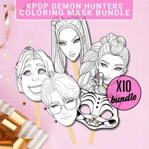 K-Pop Demon Hunters Coloring Masks | Printable Black and White Party Activity | Kids DIY Mask Craft | Instant Download