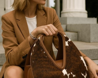 May include: A brown and white cowhide tote bag with a brown leather trim and handle. The bag has a unique shape and a spacious interior. The bag is a stylish accessory for everyday use.