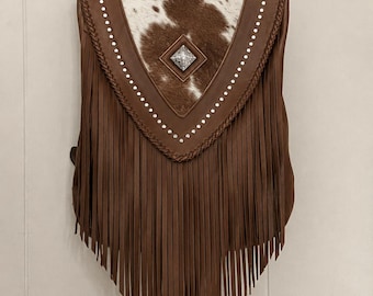 Handmade Cowhide Leather Fringe Backpack, Western Boho Travel Bag