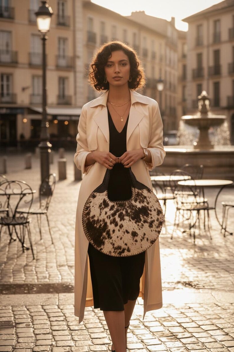 Artisanal round cowhide crossbody bag with premium tri-color brown, black, and white hair-on-hide. This circular western purse features hand-sewn black leather whipstitch edges and a structured top handle. A unique boho-chic statement handbag for rodeo fashion, country weddings, or a luxury bohemian wardrobe.