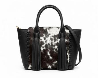 Genuine Cowhide Leather Tote Bag, Western Tassel Satchel, Boho Hair-on Hide Purse