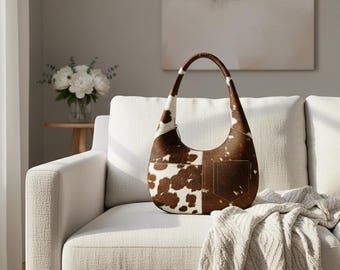 Hair On Cowhide Leather Hobo Bag | Brown White Shoulder Purse | Handmade Western Boho Handbag