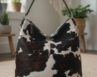Real Cowhide Shoulder Bag | Handmade Leather Crossbody | Western Rustic Boho Purse | Unique hide Handbag