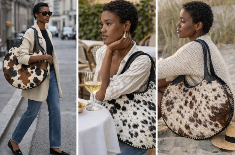 May include: A large, round handbag with a cowhide pattern in shades of brown, black, and white. The bag has a black leather handle and trim. The bag is being carried by a person in a casual outfit.