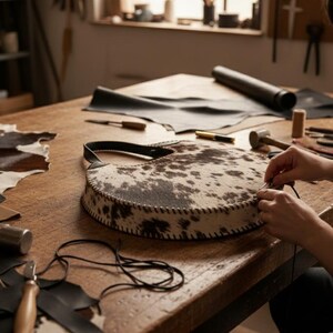 May include: A cowhide leather handbag with a black handle is being hand-stitched on a wooden table. The bag features a brown and white spotted pattern. Leatherworking tools and materials are scattered around the bag, suggesting a craft workshop setting.