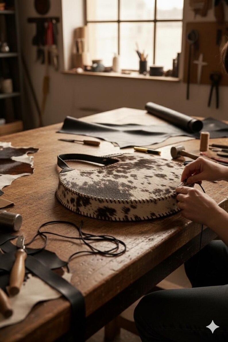 May include: A cowhide leather handbag with a black handle is being hand-stitched on a wooden table. The bag features a brown and white spotted pattern. Leatherworking tools and materials are scattered around the bag, suggesting a craft workshop setting.