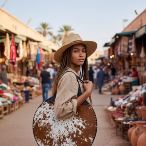 Unique handmade round cowhide shoulder bag in a striking tri-color brown, white, and black natural pattern. This circular western-style purse features authentic hair-on-hide leather, decorative black whipstitching, and a sturdy top handle, making it a perfect boho statement accessory or luxury gift for her.