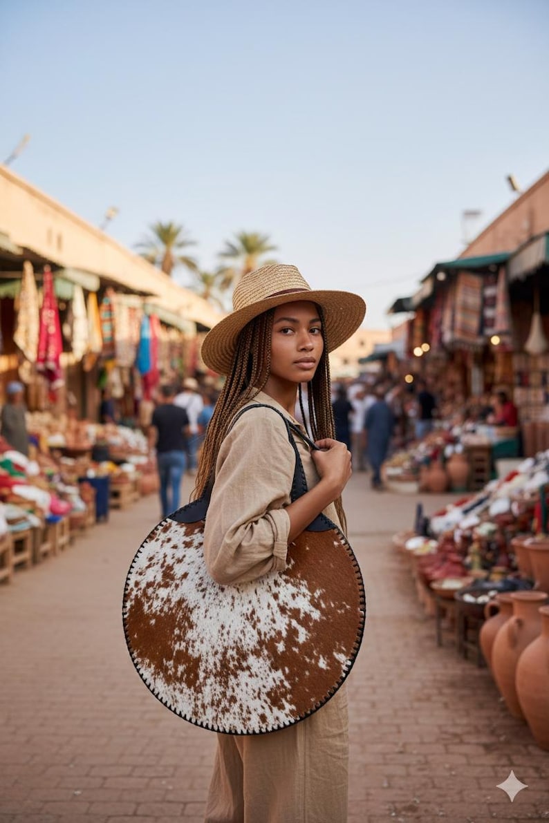 Unique handmade round cowhide shoulder bag in a striking tri-color brown, white, and black natural pattern. This circular western-style purse features authentic hair-on-hide leather, decorative black whipstitching, and a sturdy top handle, making it a perfect boho statement accessory or luxury gift for her.