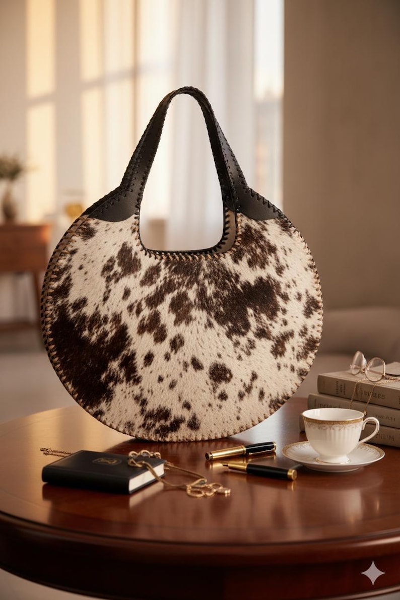Luxurious round cowhide hobo bag featuring a natural tri-color brown, white, and black speckled pattern. This circular leather handbag includes a structured black leather handle with whipstitch detailing, displayed on a mahogany wooden table alongside elegant lifestyle accessories like a teacup and gold pens.