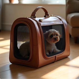May include: A structured brown pet carrier with a top handle and gold-toned hardware. The carrier features black mesh side panels and a front opening, containing a small, light-brown puppy with floppy ears looking out through the mesh window.