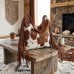 Hoboväska med äkta kohud och fransar – Western Boho-väskor med tofsar och personliga axelväskor