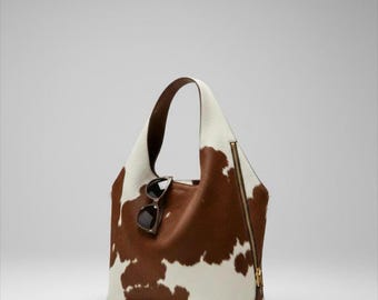Genuine Leather Cowhide Hobo Bag, Hair-on Hide Shoulder Tote, Western Boho Purse