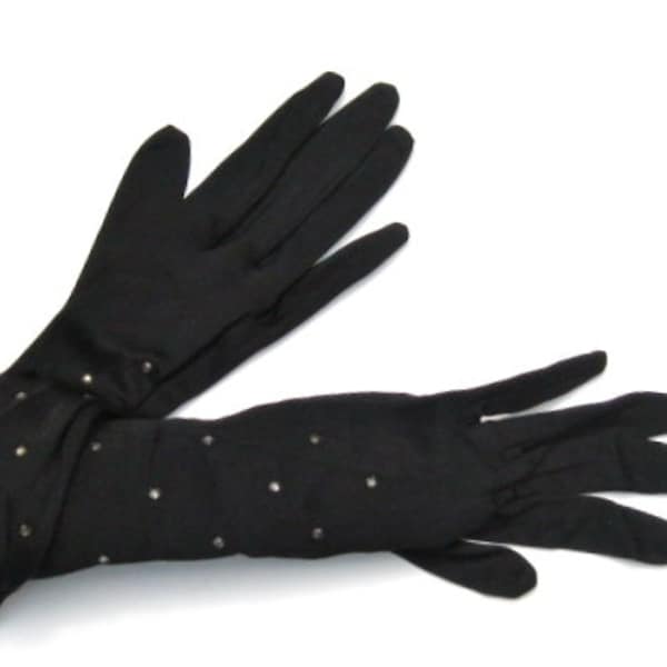 Vintage Black Opera Gloves: Rhinestone Studded Black Gloves