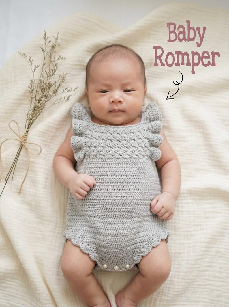 May include: A light gray crocheted baby romper featuring ruffled shoulder straps, a textured bodice pattern, and a scalloped leg opening with three small white buttons at the bottom. The text Baby Romper is printed in the upper right corner.