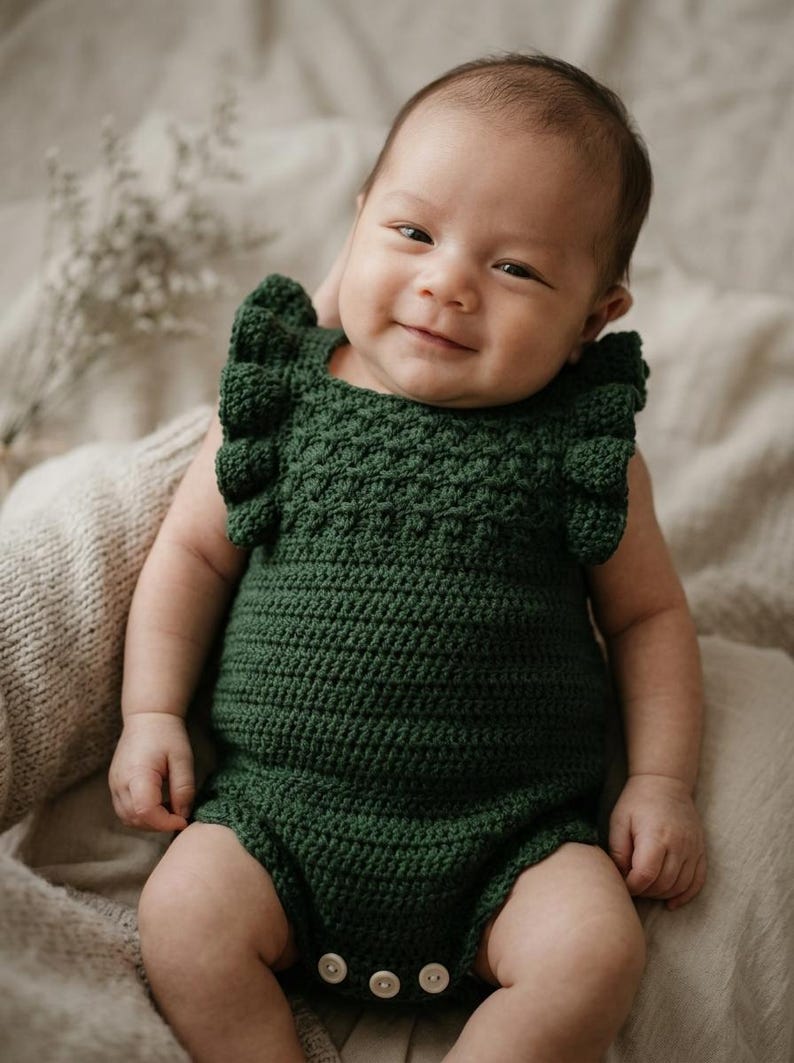 May include: A dark forest green crochet romper featuring a textured bodice with a bobble stitch pattern, ruffled shoulder straps, and three small white buttons at the bottom closure. The garment is crafted with a dense yarn construction.